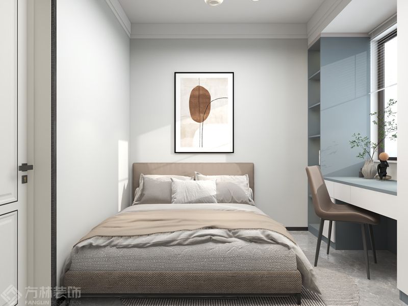 次卧的女儿房以舒适为主，色调舒缓温和。墙纸、床品以及木色恰到好处的轻柔交织，柔柔的阳光正好洒下来,就连同所有物件一起都变得慵懒舒适起。