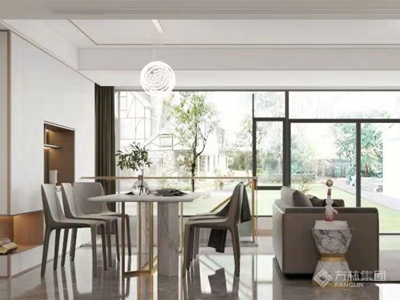 餐厅需要有多人的用餐空间，同时采光点也是好的，餐边柜的设计增加了入户与餐厅的延伸感。