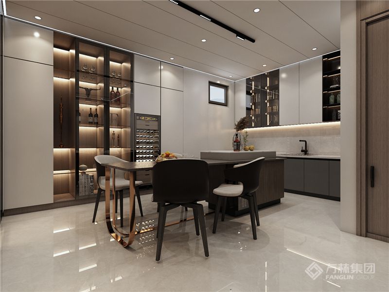 浅色墙面，局部灰色柜体，透明玻璃门考虑灯光效果。