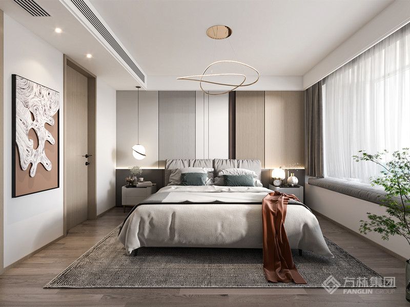 卧室床头空间更宽敞，床头立体深灰色墙板与线条结合，形成自然、清新的睡眠环境，在抽象与具体中探讨设计的意义。