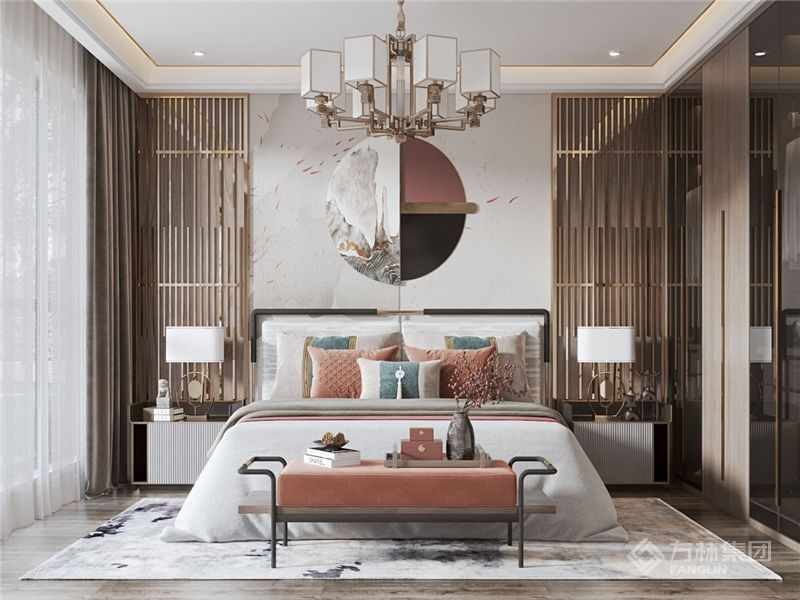 卧室通透明亮，高山流水，云雾环绕，仿佛踏入水墨丹青的画卷中，柔丽的江水裹着温和的春风，享受宁静山水之美。