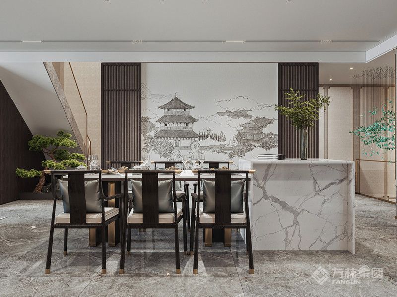 餐厅次背景同客厅背景贯通连续，酝酿绵延悠长的东方情致