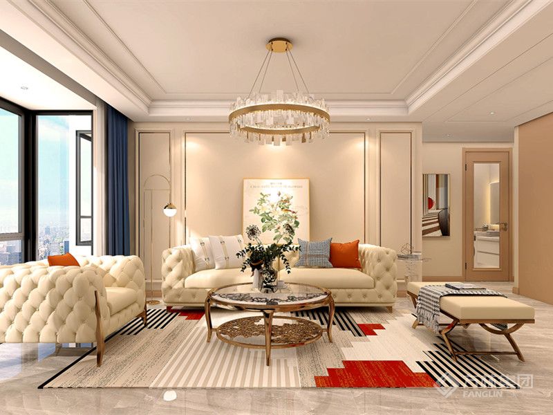 客厅，空间以大面积的暖黄色为主基调，再通过一些硬朗的不锈钢、石材等材质搭配，既在视觉上做到了平衡，也营造出了高级、浪漫的气息。尤其是墙板独有的肌理感，更是让空间更显质感了。