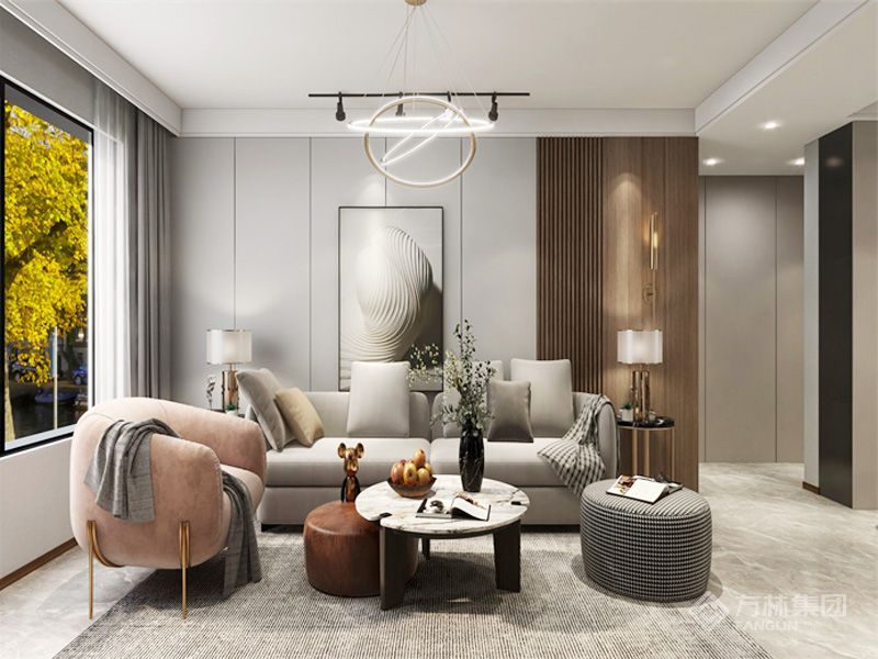 电视背景墙意大利岩板，沙发背景墙板，以及黑色哑光金属这些不同材质相互碰撞，以及恰当的光影将区域空间揉为一个整体