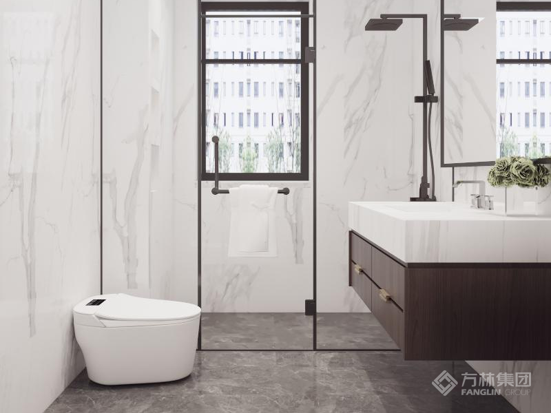 卫生间色彩以冷色调为主，在柔和弥漫的灯光映衬下，令空间视野开阔。