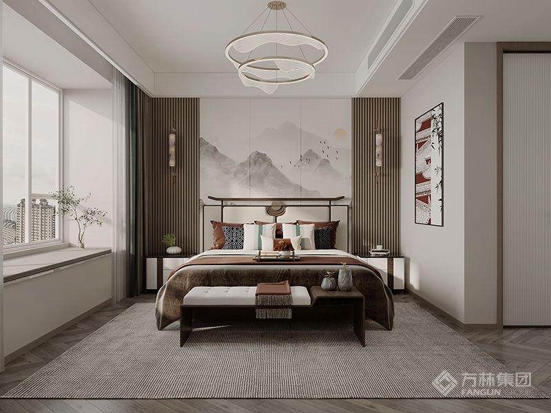 主卧背景用格栅与山水画硬包结合，用壁灯使格栅不沉闷