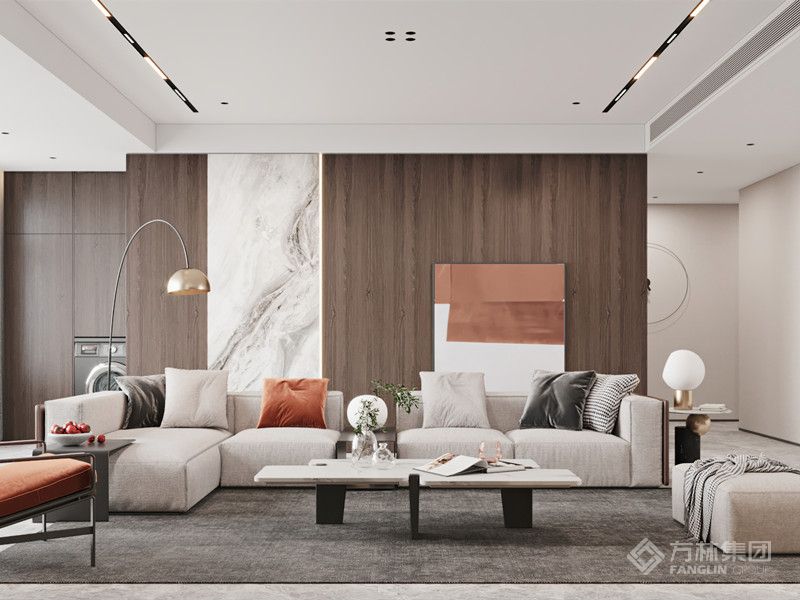 颜色是定位风格的重要因素，为了呈现轻奢质感，通过巧妙的颜色组合来表现丰富的魅力，沙发也是浅灰色的布艺沙发，着眼看上去柔软舒适。