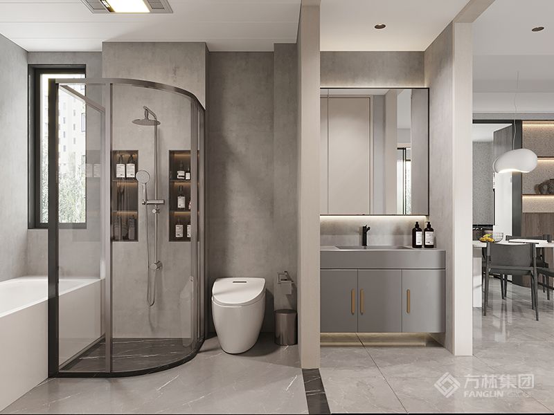 卫生间设计一般注重氛围的营造，但并不需要过多繁复的装饰。