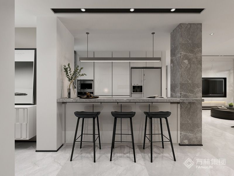 吧台与餐厅结合布局尤为开阔通透，增加空间的互动性，使西餐烹饪者与餐厅会客者及客厅玩乐者无界限交流，烟火气中烹出其乐融融的光景。