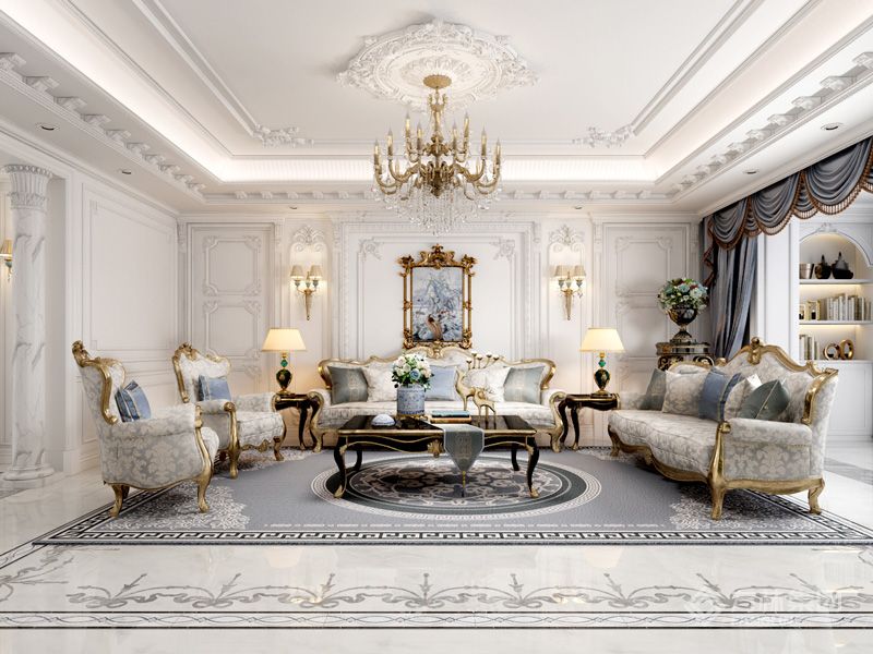 客厅设计大胆且富有创意、布局运用了法式经典的轴线对称形式，以几何线条、个性雕花、跳跃的空间色调与时尚个性的软装单品，打造大气、舒适的空间感。