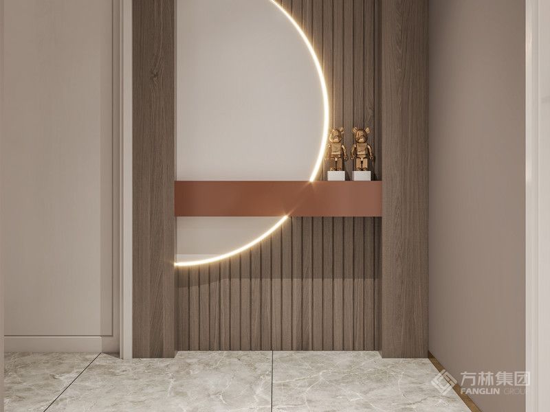 内玄关设计界半圆悬浮造型，解决7字型过道的尴尬，也寓意团团圆圆。