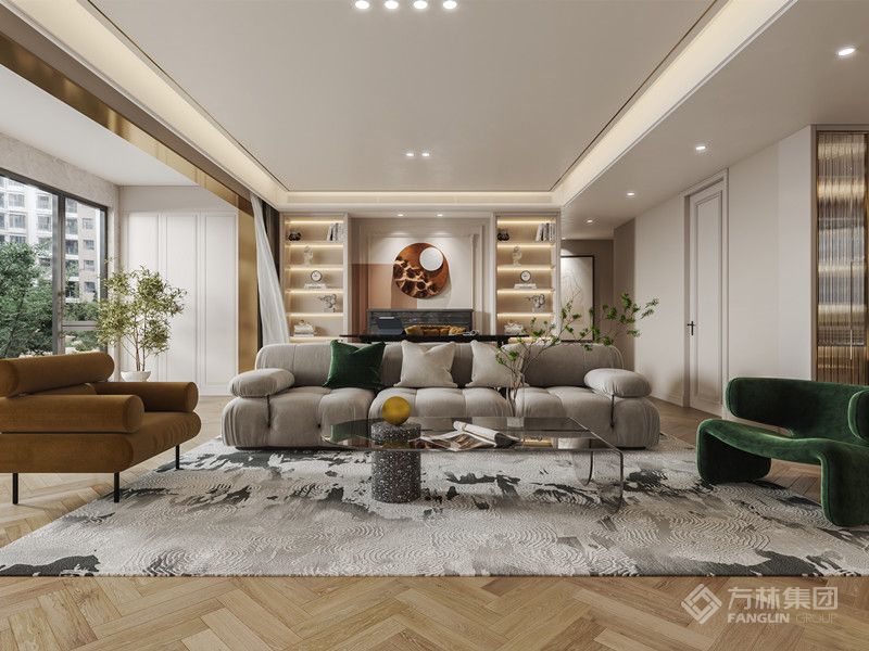 沙发采用灰色丝绒材质的三人位，搭配两个撞色的单人沙发，复古而又有色彩的碰撞，给人视觉的冲击，地面用胡桃色鱼骨拼的地板，空间的色彩多了稳重和复古。