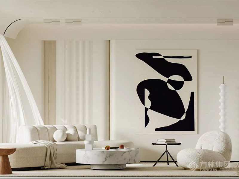 奶色系的主色调，家具也带着温润的质感，线条都干净柔和，没有复杂的装饰，透露着淡淡的侘寂风的味道。