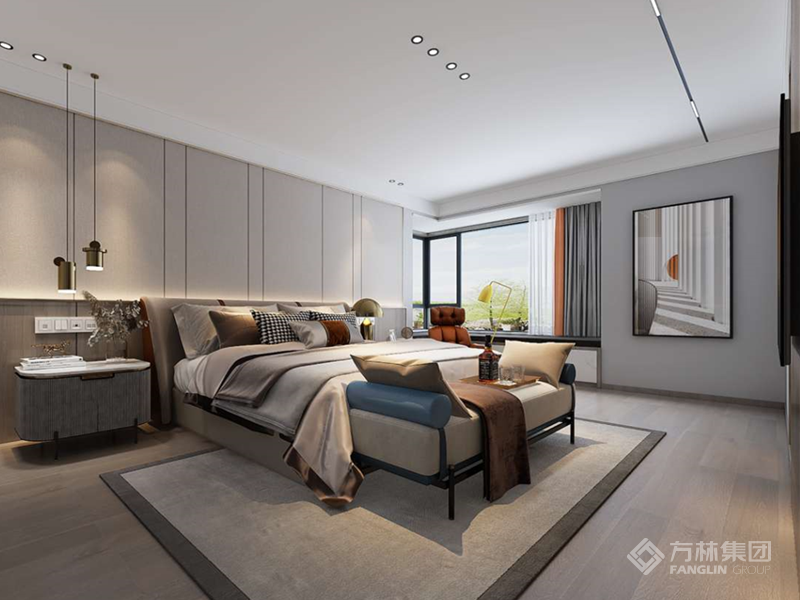 背景墙是决定卧室颜值的关键，采用半墙设计，以内嵌灯光为主卧氛围加分，内敛而素净，从材质和造型上放大卧室的美学意义，为屋主营造舒适的休憩时光。