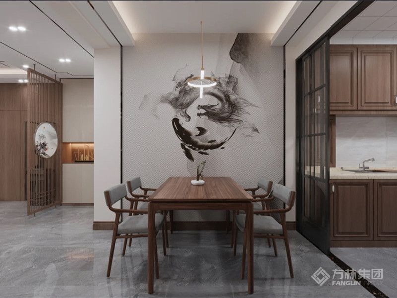 餐厅墙水墨壁画设计，简介精致，起到了渐变有序的视觉效果。