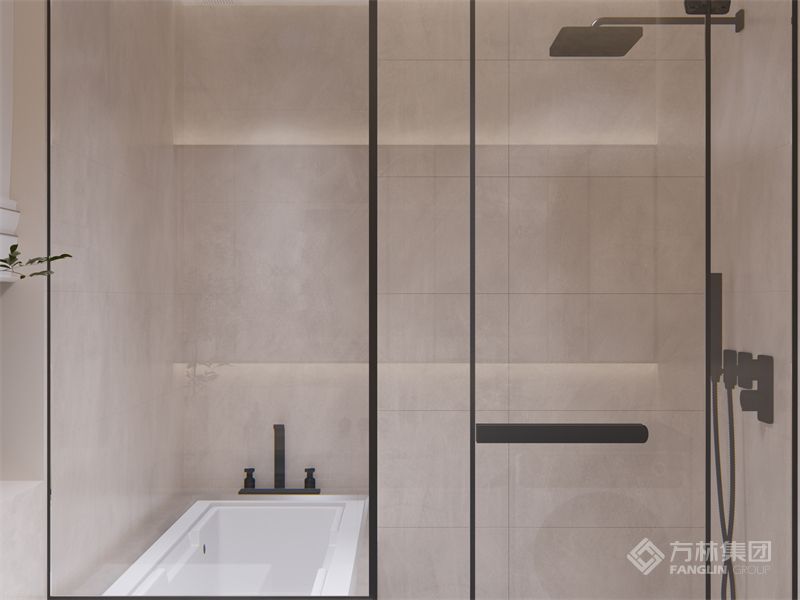 在卫生间中，选择米灰色和白色作为空间的主调色，同时采用不同的射灯，让整个空间变得更加丰富，再加上黑色加入，增加整个空间的活力