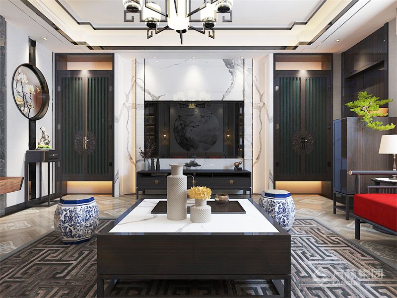 端庄、古典为设计理念，抛开传统中式束缚，用国际东方式体现一种人文精神的新追求。“宋代”元素贯穿整个空间，营造空间中的清透、休闲、舒适感。高雅稳重的配色、体现品质的家具，所有的装饰都在描述家的概念