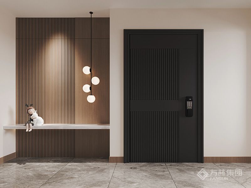 ，入户门采用黑色铝材质与右侧书房开放垭口形成呼应，左侧造景在结构上左下与右上形成对立，呈现视觉的平衡感，背景采用木格栅与木饰面结合，实现过渡。