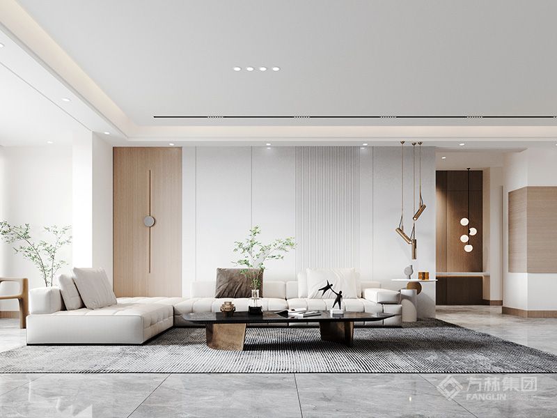 暖色的木格栅与白色岩板相结合以直观的线条感和简单的配色去表达极简，黑色理石电视台与茶几呼应，采用无主灯设计，为空间增添柔和质感。