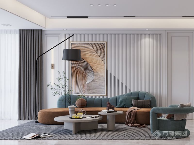 客厅硬装装修简洁干练，简洁明快的空间配色，加上金属物品的点缀以及绿植和简约装饰挂画的装饰，整体空间简单自由。