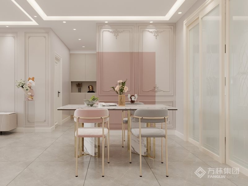 餐厅以开放性的布局为主，一体化设计让视觉效果更为宽阔。配套白色餐桌椅，淡雅清新，和整体的鲜奶油气氛感很配搭。纯色墙面只用一副简约的装饰油画装饰，在整体奶咖色的轻缓刻画中，更加展现出当然亲和力的空间气场
