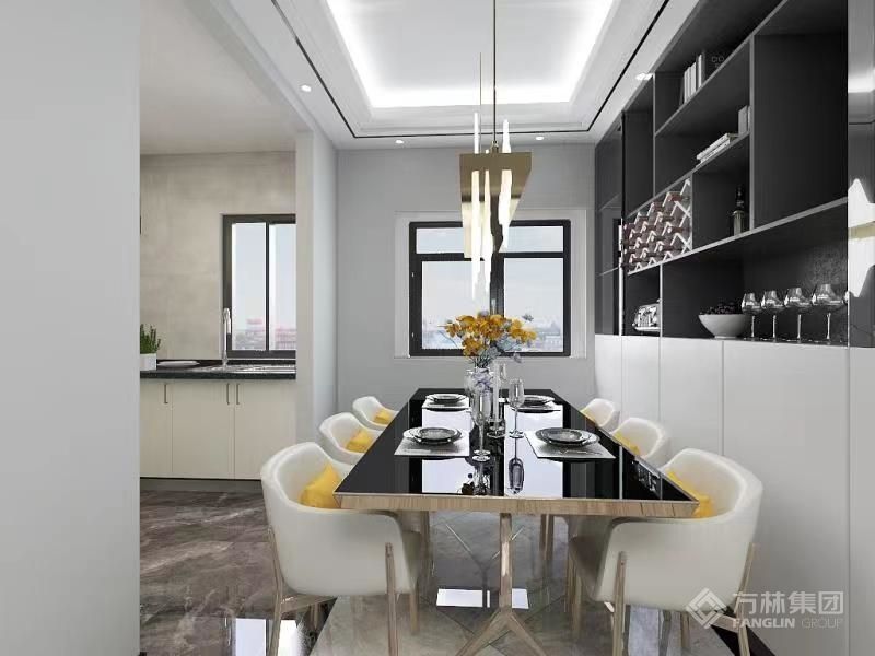 餐厅整个空间布局自然顺畅，色调以黑白灰为主，灯光点缀的恰如其分，材料运用简洁自然，创造出清新脱俗之美。