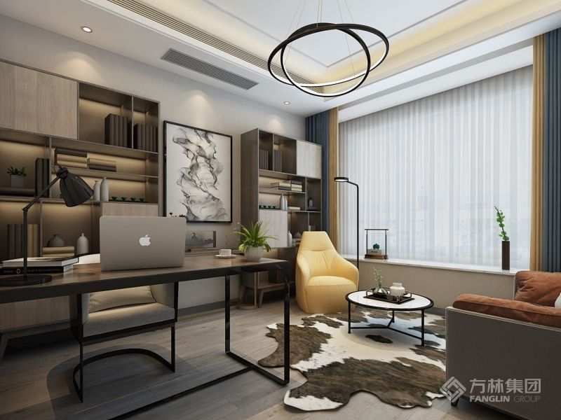 将客餐厅的木色做了延展，整体性更强，木质书桌给人一种浓厚的书香气息，能使人静下心来工作、学习。