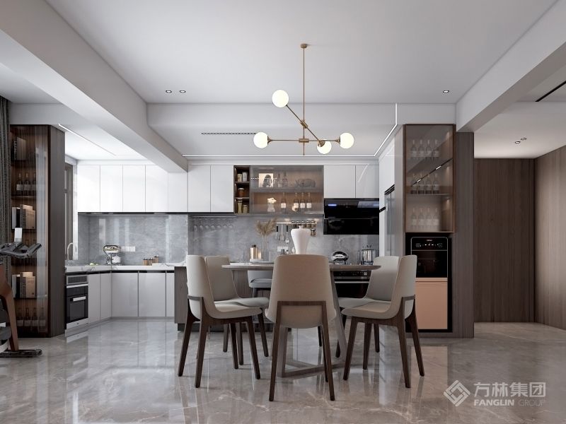 开放式的餐厅用了很多艺术灯光去打亮，使得人物和食物都能更加诱人。灯光则分为照明灯光、背景灯光和艺术灯光，不同居室灯光效果应为这三种类型的有机组合，对于摆件的选择和在位置设置上，应尽量突出个性和美感