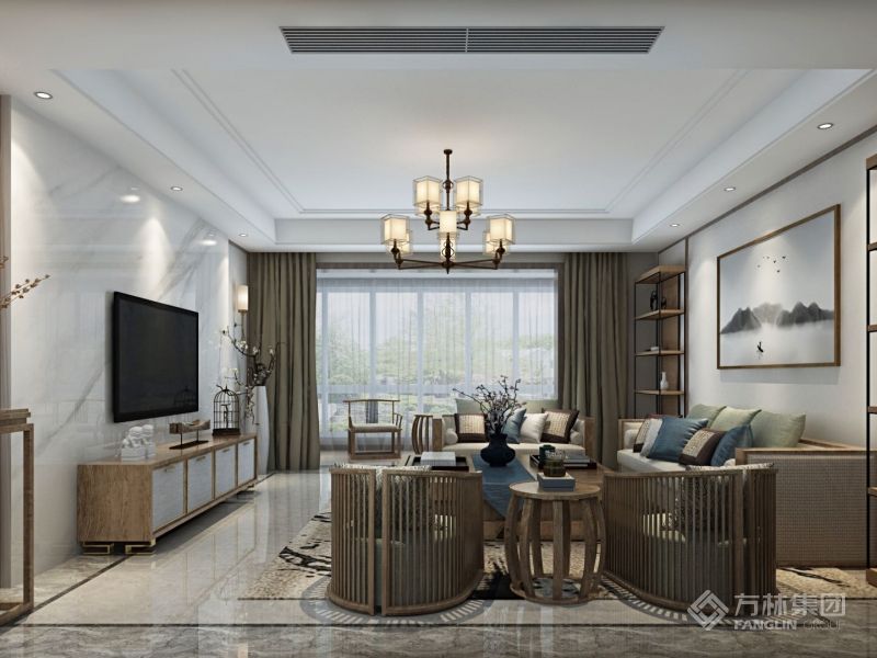 稳重的胡桃色、用不同层次的灰进行搭配，减少过重的沉闷感。局部点缀金色，突出家居的质感；小面积藏蓝的运用，让家立刻生动起来。 靠墙的书架，古朴大方，功能性与美观性俱佳。