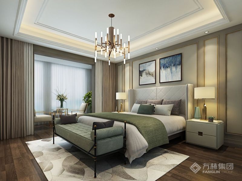 主卧家具简单而质感，在窗帘和挂画上设计师延续了不同色调的蓝来做层次的变化，同时也平衡了墙面和家具带来的过分偏暖的色调。