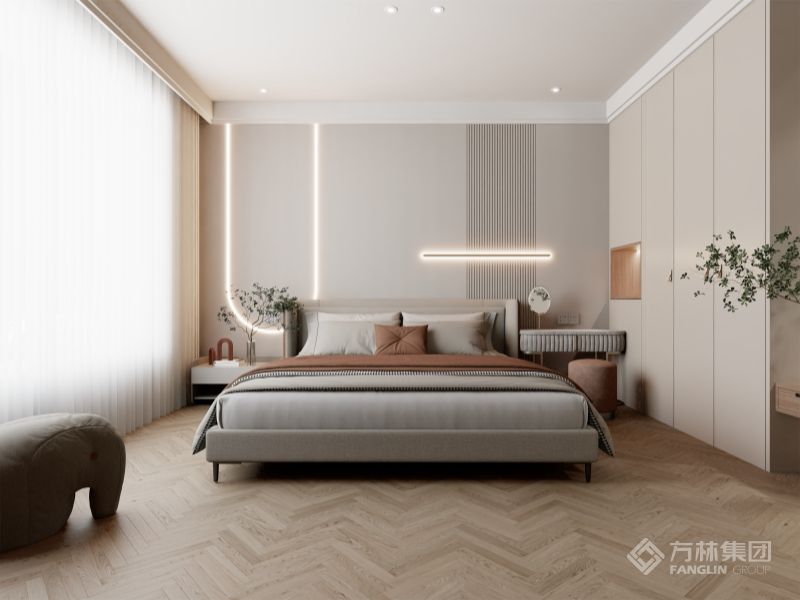 素雅下的风骨宁静自若，纯粹柔和的空间色彩，少而精简的造型铺设，大巧若拙的手法切合睡眠区的诉求，窥见舒适的艺术。