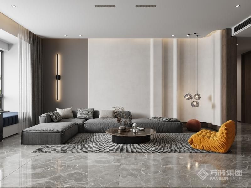 客厅沙发背景优雅的弧度，搭配实用的功能，打破直线建筑的规则，温柔了生活的时光。