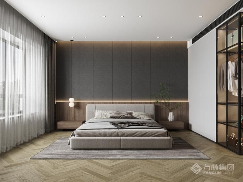 卧室空间设计以穿透的形式，透明的玻璃衣柜，叠加了灯光的变幻，私密空间顿时多了份悠长的气氛。