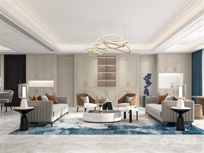 对称的美式造型元素 开阔的视野 环绕东线 丰富了客厅的多样化使用场景