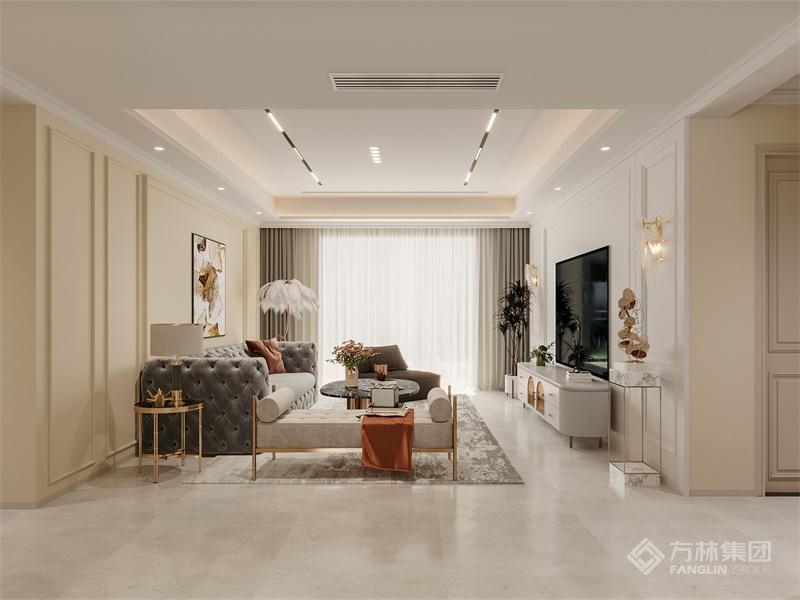 深咖色木纹的护墙板+小格栅的设计，做墙面立体感。白色的储物柜，整洁又干净；开放格在灯带的装饰下，尽显唯美质感。电视柜做抽屉盒设计，增加实用性