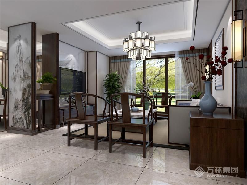 客厅餐厅用软隔断分开去做了造型，使得客厅餐厅成为单独的空间，互不打扰但又有连通性。墙面造型的木线条和顶面互相呼应，整体协调性更好