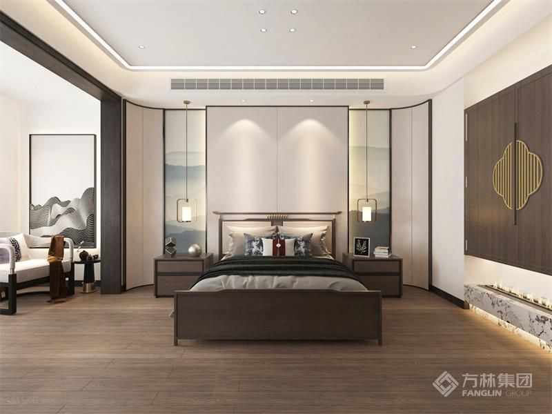 主卧墙面装饰汲取了传统水墨画的精髓，简约而不失雅致，笔触间流淌着古典与现代交织的韵味，让人在品味间感受到无限的意境之美