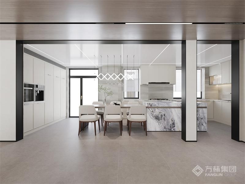 厨房设计承接餐厅的温馨基调，在视觉上铺陈更多留白。以木写情，以情造物，于简雅自然中连接过去与未来，复刻对于安然岁月的美好畅想