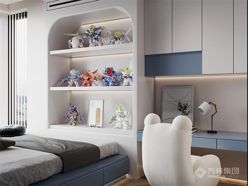 可活力充沛，可沉静清新这是蓝色的魅力所在，将其运用于榻榻米设计当中，为孩子打造一个质感空间独立思考，提升学习专注力
