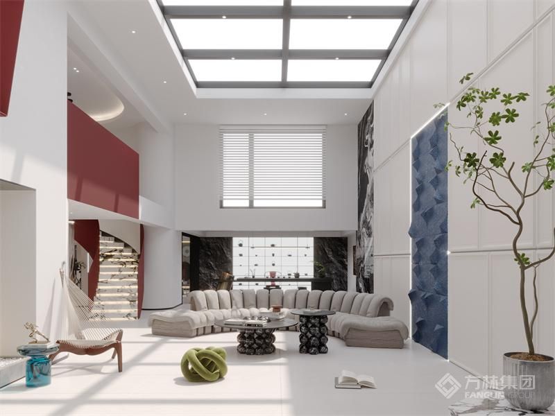 客厅的设计主要采用了低饱和度的色调，其开放式的布局让人的视野显得更为开阔。设计线条既简洁又整洁，与原木材质的家具完美结合，使其在视觉上显得更为宽敞和明亮。