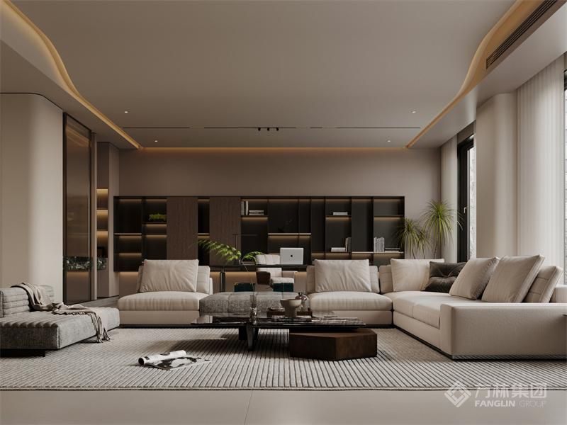 在空间布局上，遵循开放、通透的原则，将客厅与餐厅等区域自然衔接，形成一个整体。通过合理规划动线，使空间更加流畅，方便业主日常活动。同时注重空间的层次感，通过不同高度的天花营造出丰富的视觉体验。