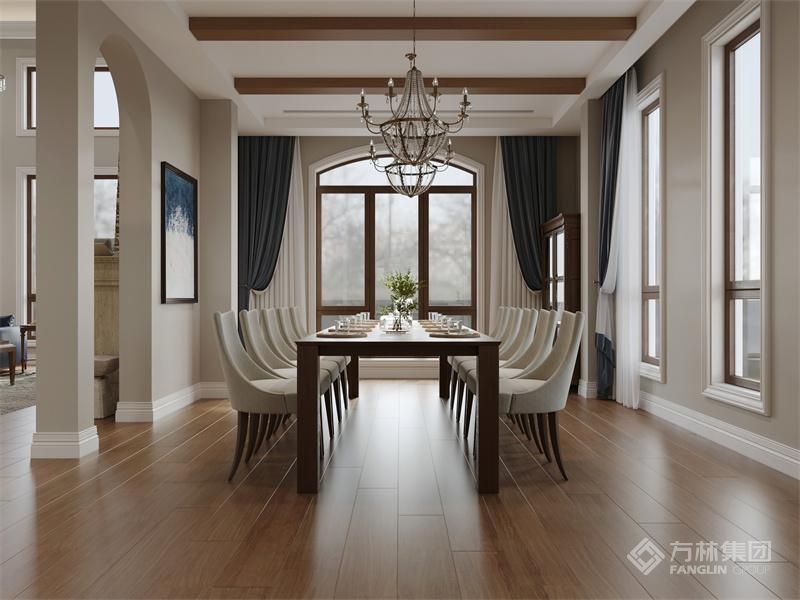 一半隔墙，使空间看似有隔无隔，既保证了独立性，又最大化地连接了不同功能区域。棚面根据原结构特点搭配木饰面，增加温暖感与质感，营造美式氛围下古朴、温馨、自然的特点。