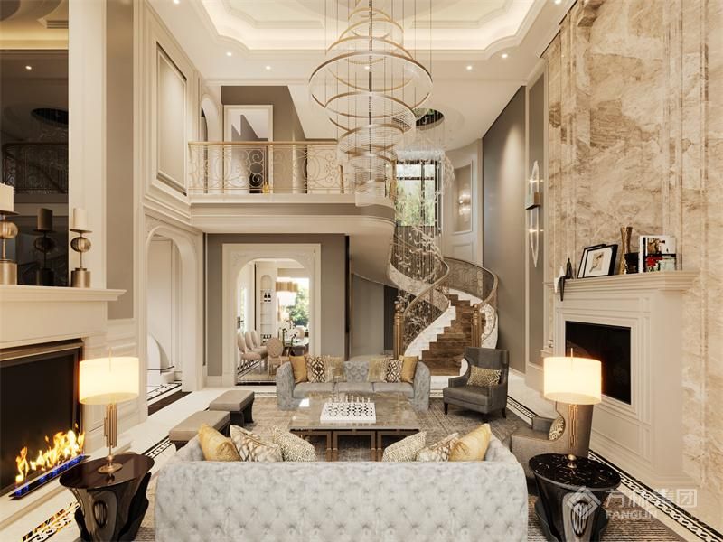 整面大理石的电视背景墙加上电子壁炉，更增添了高级感