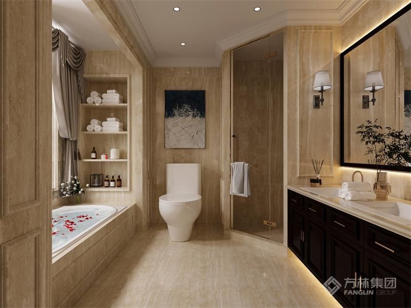 铺贴米色的天然大理石，纹理沿着墙体倾泻而下，绵延不断延展到整个空间，丰富了视觉感和层次感。