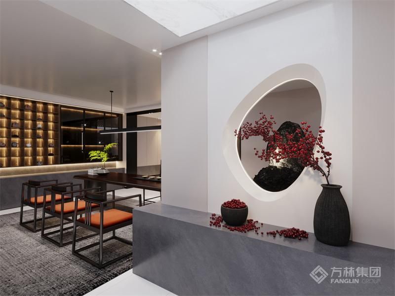 茶室：宁静祥和，茶香袅袅，简洁的茶具与绿植相映成趣，让人倍感放松。