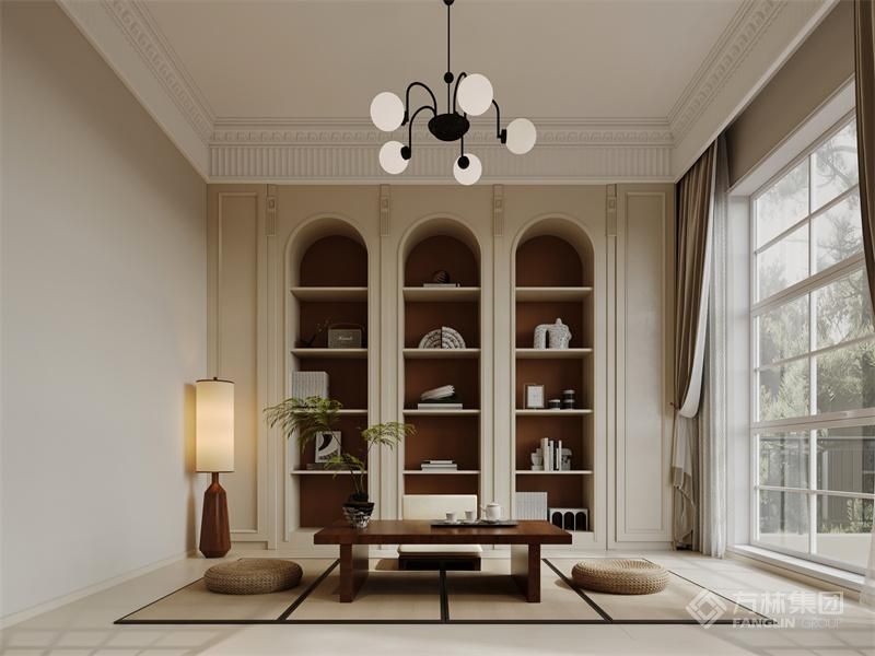 榻榻米形式，可作为阅读、休息、储物的区域，提高空间利用率，PU 线条，为空间增添立体感和精致感，凸显法式风格同时满足学习、工作、休息等多种需求，打造功能性书房空间