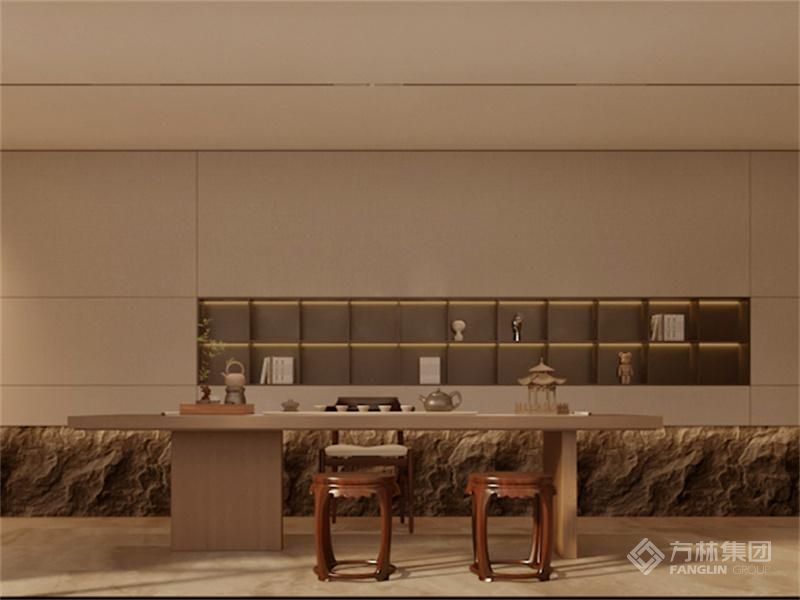 书房兼顾茶室功能，传统与现代相结合，空间融入中国传统文化元素，如古典圆凳 精美摆件等，同时融入现代设计理念，如墙面使用了PU石、理石等现代材料，空间布局考虑到茶室的功能和使用需求，营造一个宁静、温馨