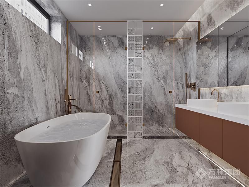 理石的质感铺满墙面与地面，尽显高贵与典雅。独立浴缸的设置，让你能在疲惫时享受放松与惬意。马桶和淋浴独立分开，既保证了卫生与便捷，又体现了设计的人性化。每一个细节都被精心打造，为你带来极致的卫浴体验。