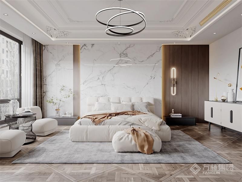卧室，是一方宁静的港湾。床头墙板与理石的混搭，刚柔并济，展现出独特的魅力。灯带与壁灯的点缀，如繁星闪烁，增添了温馨与浪漫。棚面石膏线条的勾勒，使空间更显精致优雅。白色床品则为整个卧室带来纯净与舒适的感