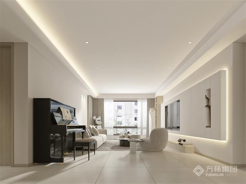 白色造型电视墙面，不仅是视觉焦点，更增添了一份艺术美感，使整个客厅显得时尚而大气。沙发背景全白，与电视墙面相呼应，营造出简洁纯粹的氛围。整体设计简洁明快，白色的运用让空间显得宽敞明亮，给人以舒适、宁静